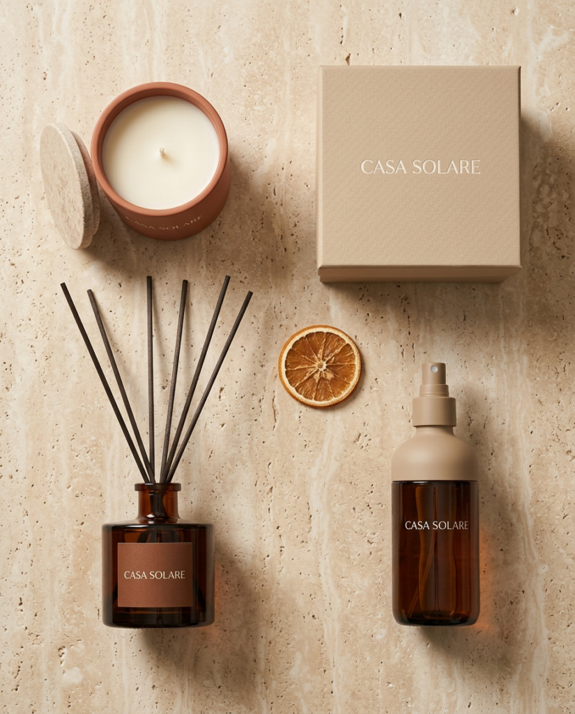 Casa Solare amber reed diffuser, room spray, terracotta candle with felt lid and beige gift box on travertine with dried orange