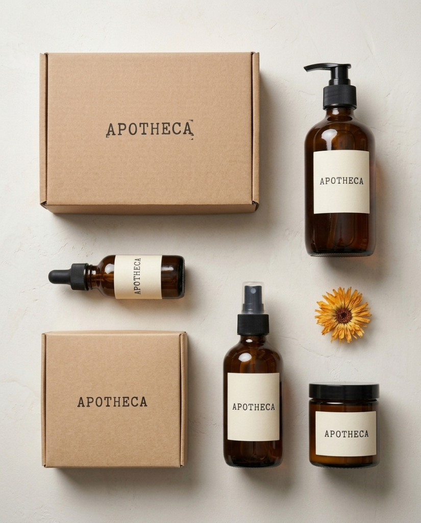 Apotheca amber glass pump bottle, dropper, spray bottle and jar with cream labels beside kraft boxes and a dried flower