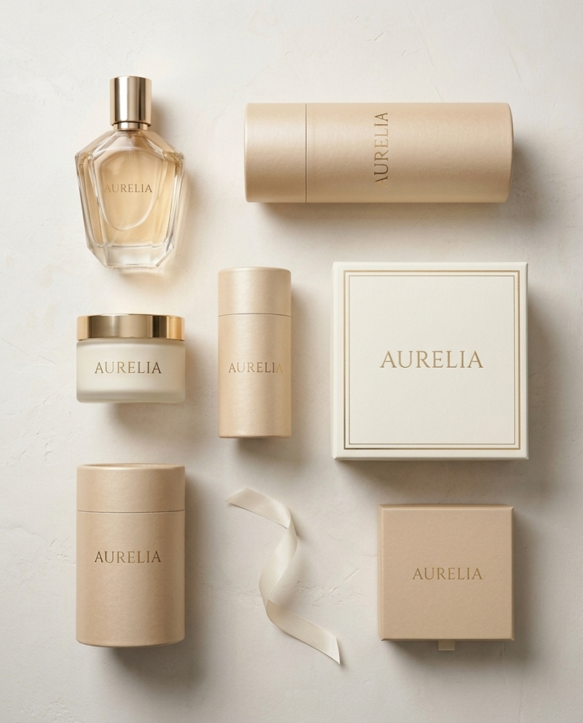 Aurelia perfume bottle, frosted cream jar with gold lid, beige paper tubes and gift boxes with a cream satin ribbon