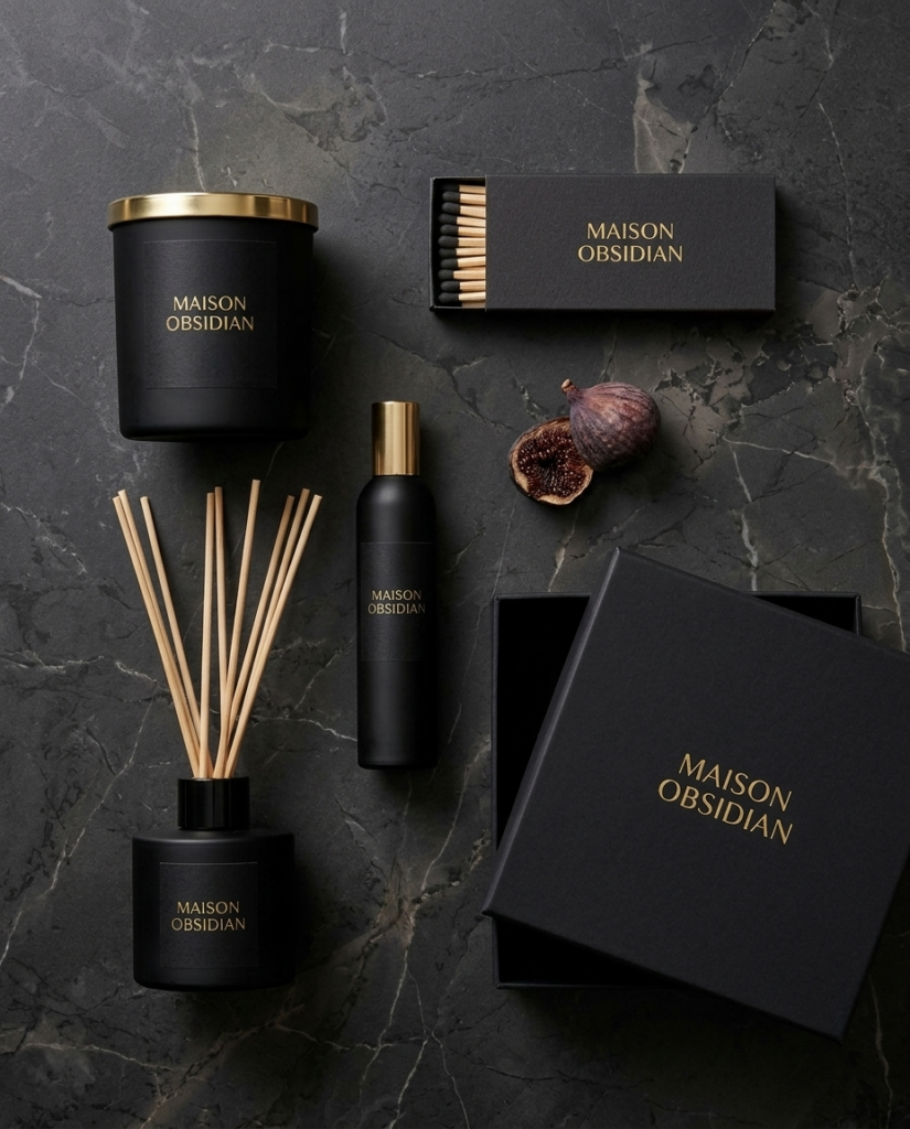 Matte black Maison Obsidian candle, reed diffuser, room spray, matchbox and gift box with gold lettering on dark marble