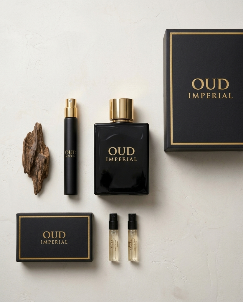 Oud Imperial black perfume bottle with gold cap, travel spray, sample vials and gold-bordered black boxes beside agarwood