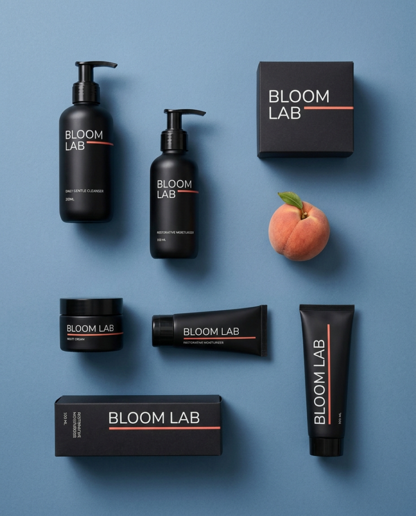 Matte black Bloom Lab pump bottles, jar, tubes and boxes with coral line accents beside a peach on a blue background