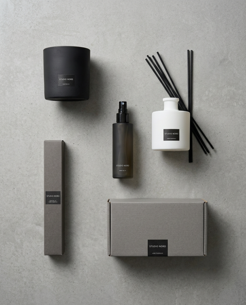 Studio Nord black matte candle, smoked room spray, white reed diffuser with black reeds and grey kraft boxes on concrete