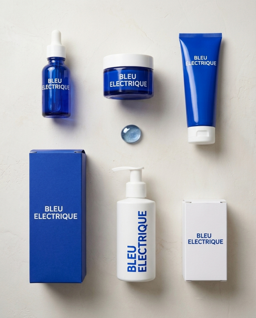 Bleu Electrique skincare set: blue glass dropper bottle, jar, tube, white pump bottle and blue and white printed boxes