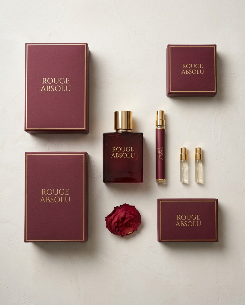 Rouge Absolu burgundy perfume bottle, travel spray and sample vials with gold caps beside gold-framed burgundy boxes and a rose petal