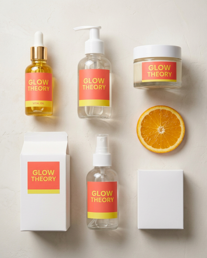 Glow Theory clear glass dropper, pump, spray bottles and jar with coral-yellow labels, white boxes and an orange slice
