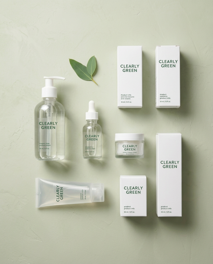 Clear pump bottle, dropper bottle, tube and jar with white caps beside white Clearly Green boxes and a eucalyptus leaf