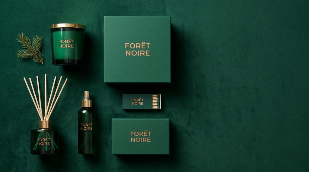 Forêt Noire green glass candle, reed diffuser, room spray, matchbox and gift boxes with gold lettering on green velvet