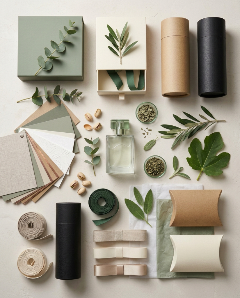 Flat lay of sage green gift box, kraft and black tubes, pillow boxes, clear perfume bottle, paper swatches, ribbons and leaves.