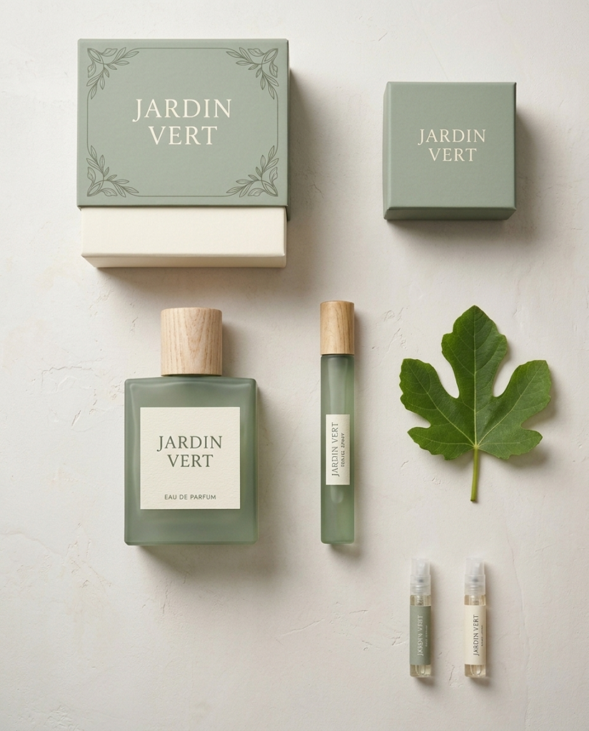 Jardin Vert sage green frosted perfume bottle, travel spray and vials with wooden caps, matching boxes and a fig leaf