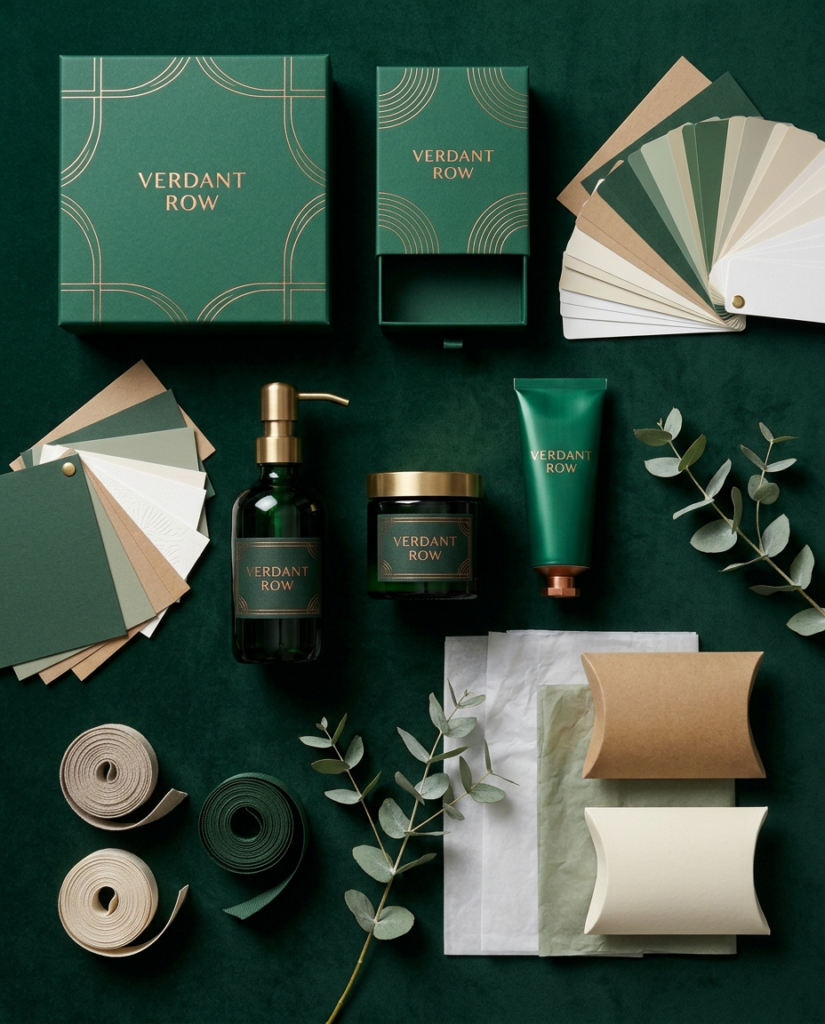 Verdant Row green gift boxes with gold foil, pump bottle, jar, tube, paper swatches, kraft pillow boxes and eucalyptus