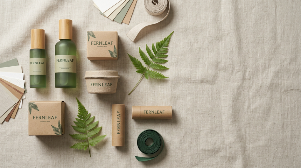 Frosted green bottles with bamboo caps, kraft boxes, pulp jar and paper tubes by Fernleaf with fern leaves on linen