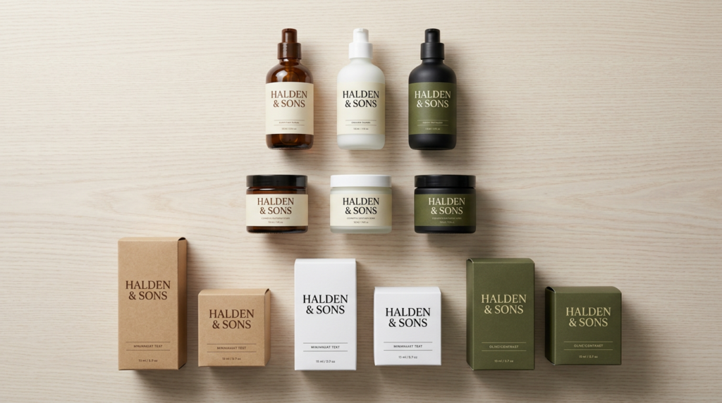 Halden & Sons amber, white and black bottles and jars with cream and olive labels beside kraft, white and olive boxes