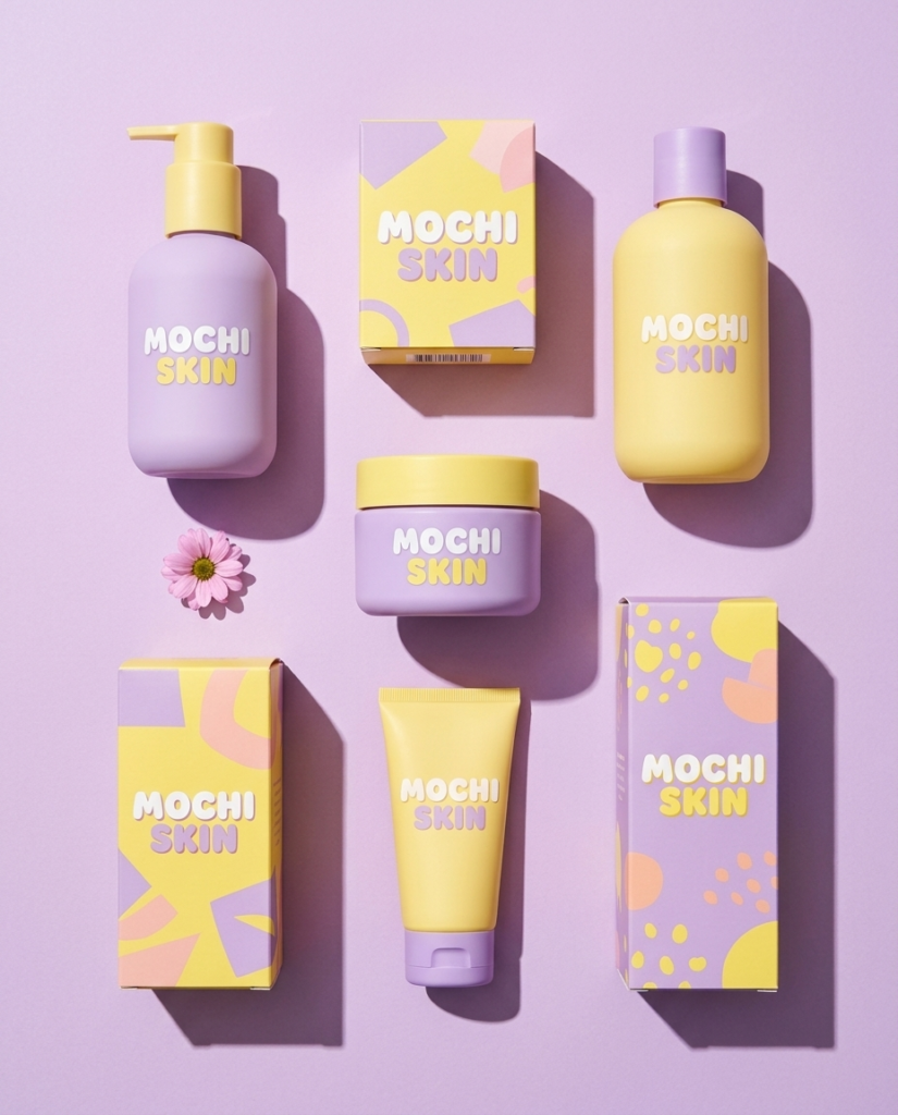Mochi Skin pump bottle, bottle, jar, tube and printed boxes in matte lilac and yellow with a pink daisy on lilac backdrop