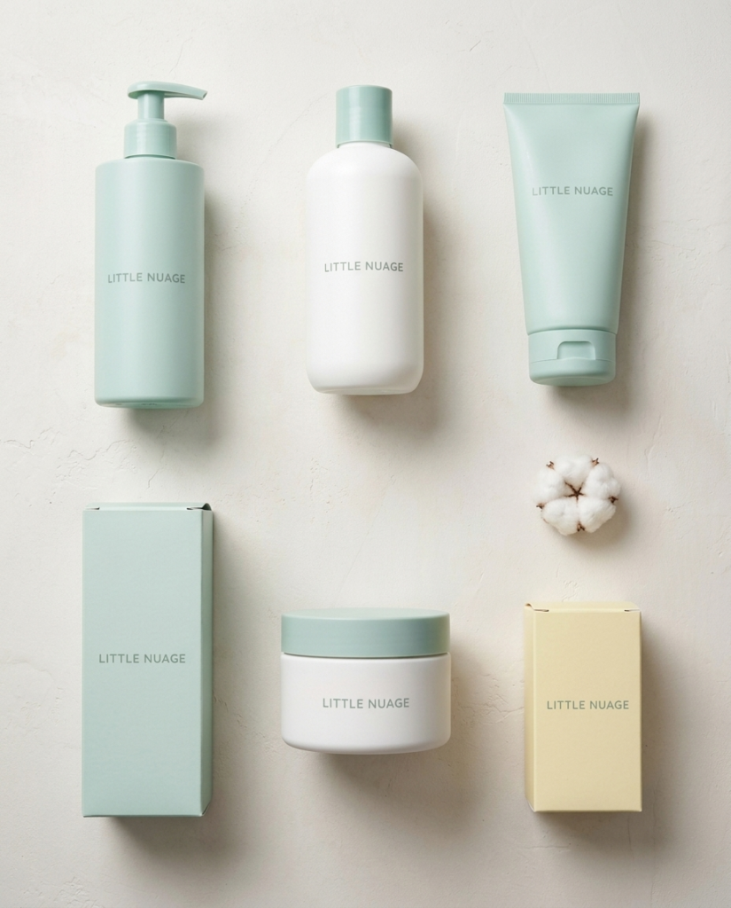 Little Nuage mint and white pump bottle, bottle, tube and jar with mint and pale yellow boxes beside a cotton flower