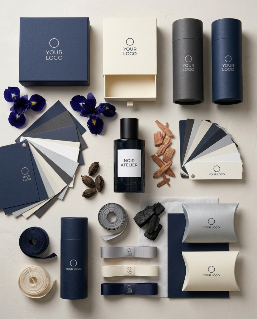 Navy, cream and grey perfume boxes, tubes, pillow packs, ribbons and paper swatches around a Noir Atelier bottle
