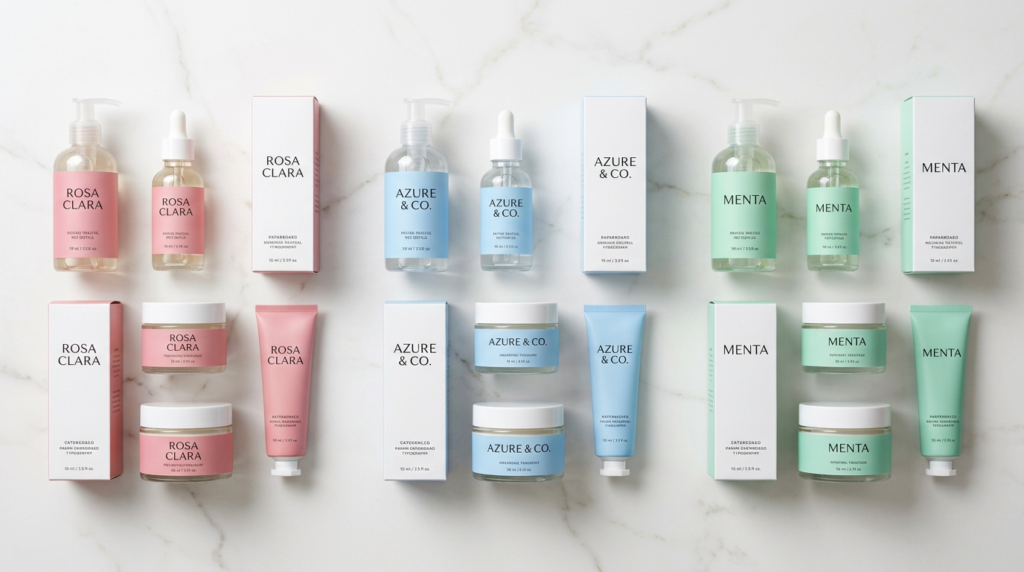 Pink, blue and mint skincare sets: clear pump bottles, dropper bottles, jars, tubes and matching boxes on white marble.