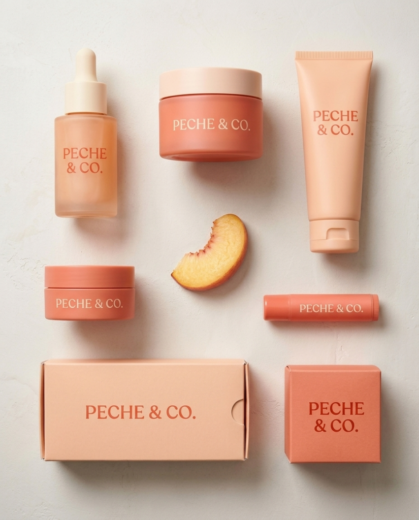 Peche & Co. peach skincare set: dropper bottle, jars, tube, lip balm and printed boxes beside a peach slice