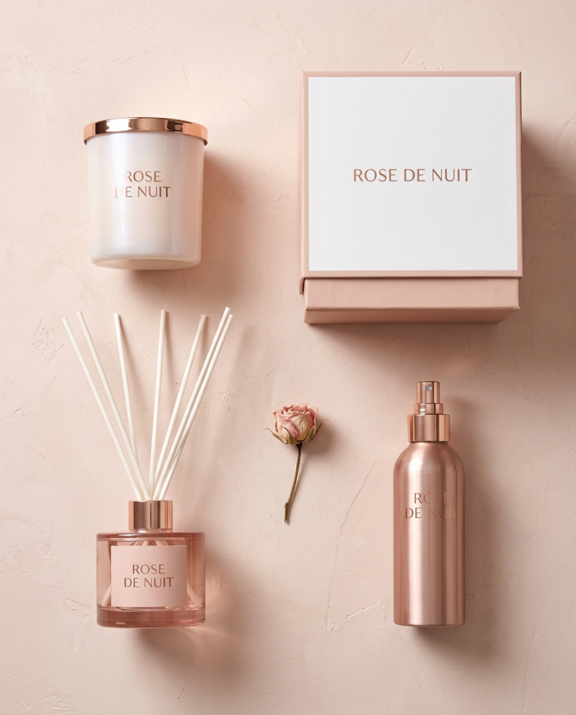 Rose de Nuit candle, reed diffuser, rose gold room spray and pink gift box with a dried rose on blush plaster