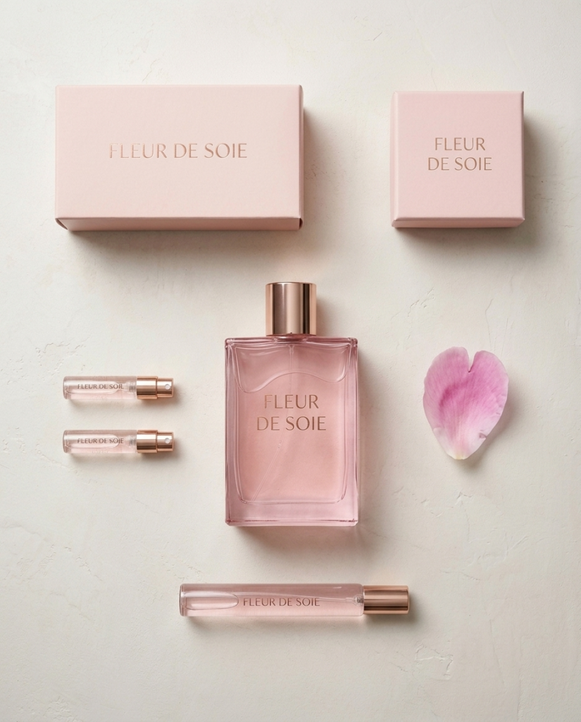 Fleur de Soie pink glass perfume bottle, travel sprays and vials with rose gold caps beside matching pink boxes and a petal