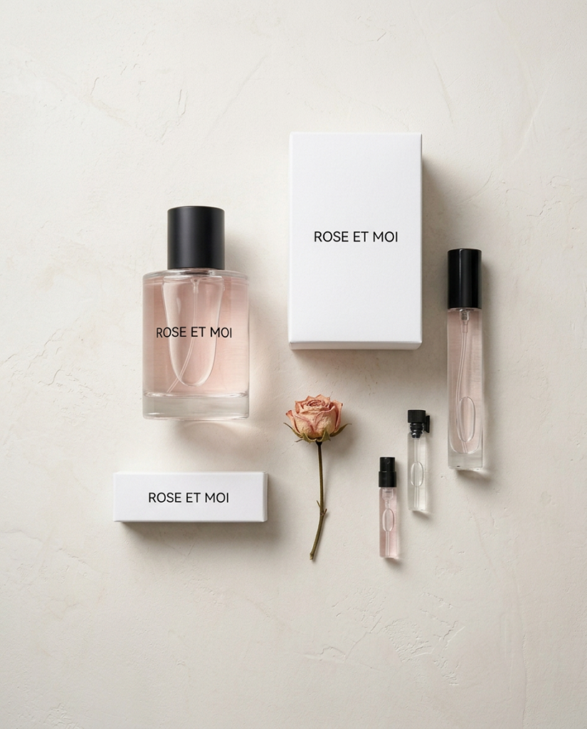 Rose Et Moi pink perfume bottle with black cap, white boxes, travel spray, sample vials and a dried rose on plaster