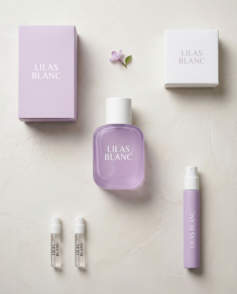 Lilas Blanc lilac glass perfume bottle with white cap, lilac and white boxes, travel spray and clear sample vials