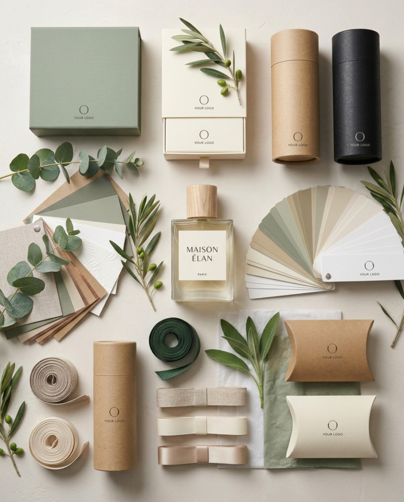 Maison Élan perfume bottle with wood cap among sage, cream, kraft and black boxes, tubes, ribbons and olive sprigs
