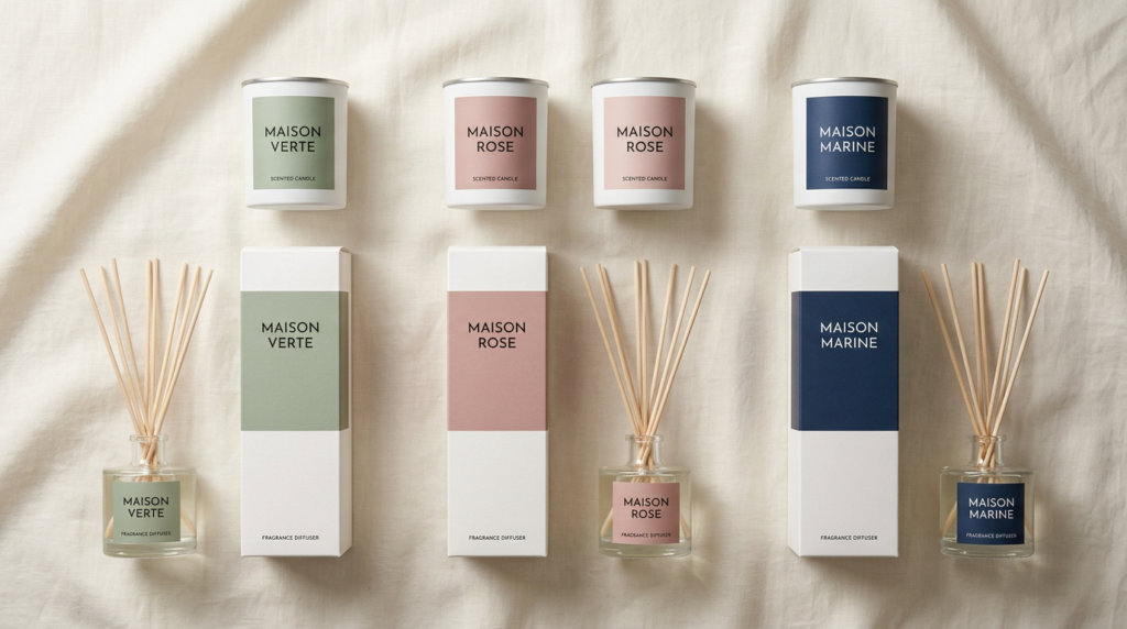 White candle tumblers, glass reed diffusers and printed boxes with sage, pink and navy Maison labels on cream linen