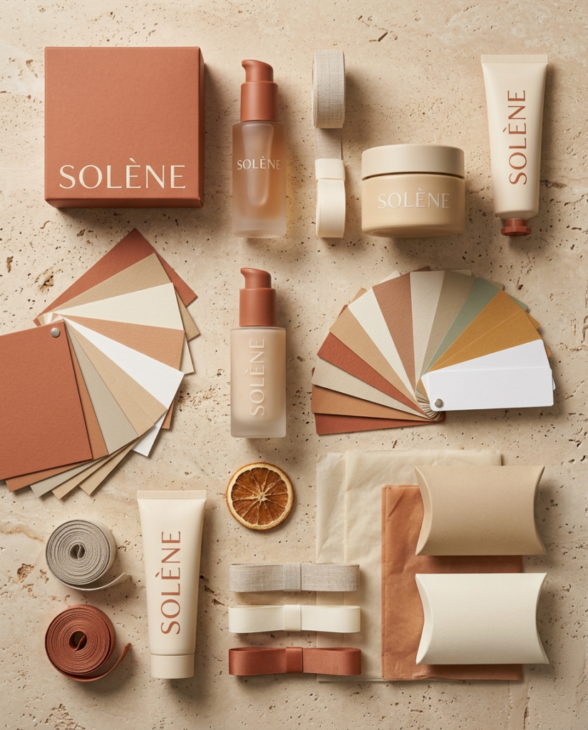 Solène foundation bottles, cream jar, tubes, terracotta box, pillow boxes, ribbons and paper swatches on travertine