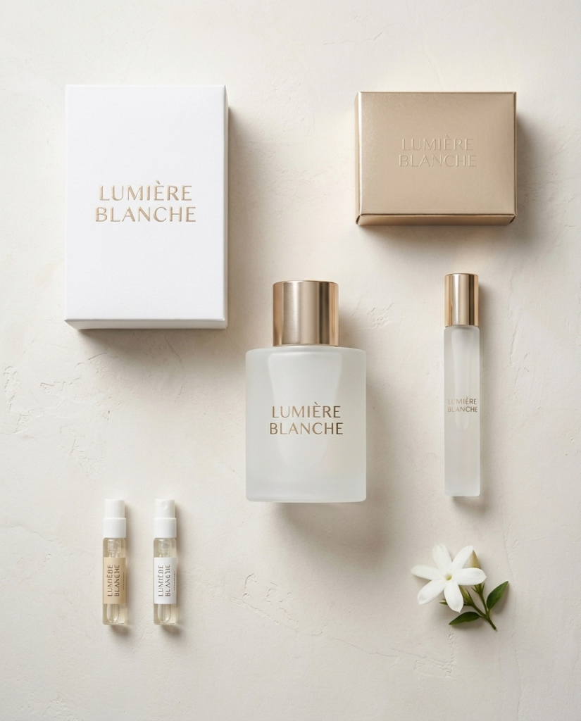 Lumière Blanche frosted white perfume bottle, rollerball, sample vials, white and gold boxes with a jasmine flower