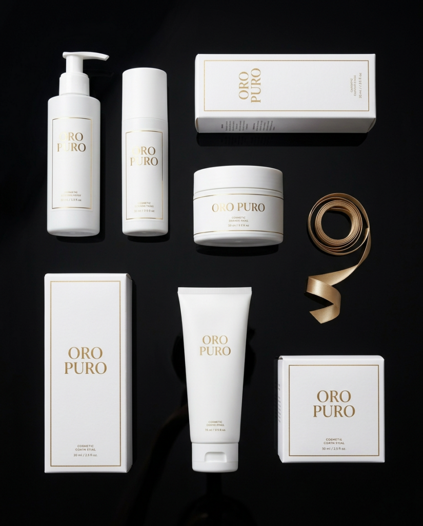 White Oro Puro pump bottle, airless bottle, jar, tube and gold-bordered boxes with a gold satin ribbon on black