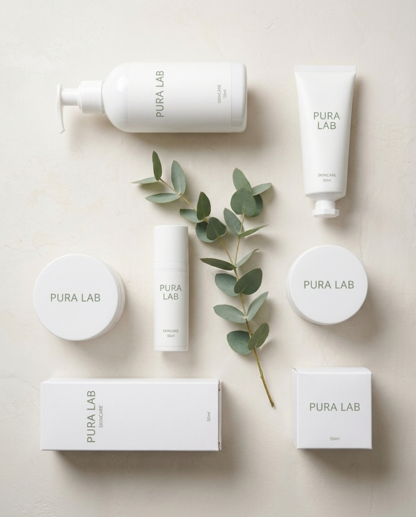 White Pura Lab skincare set: pump bottle, tube, airless bottle, two jars and printed boxes with sage green text and eucalyptus