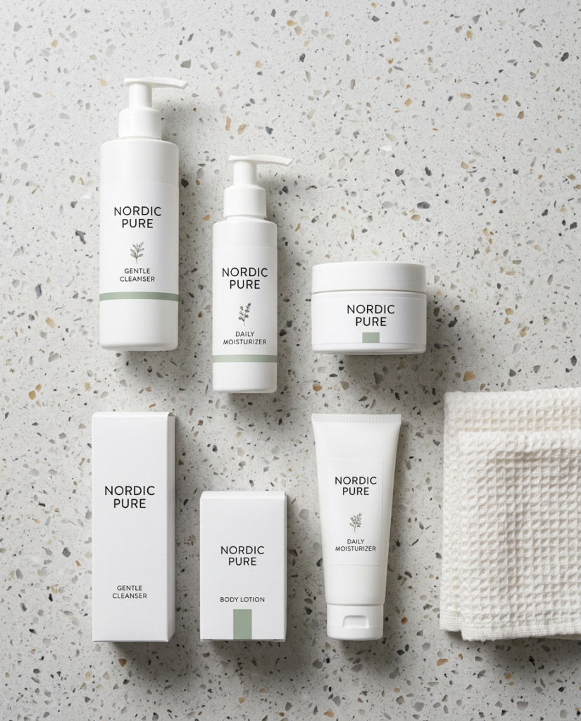 Nordic Pure white pump bottles, jar, tube and matching boxes with sage green bands on terrazzo beside a waffle towel