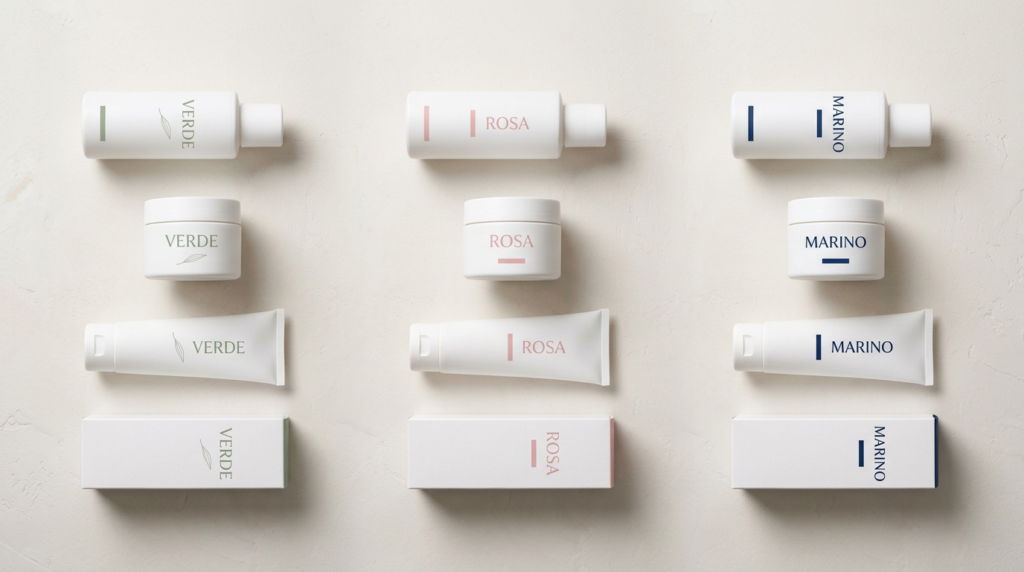 White bottles, jars, tubes and boxes in three lines labelled Verde, Rosa and Marino in green, pink and navy prints