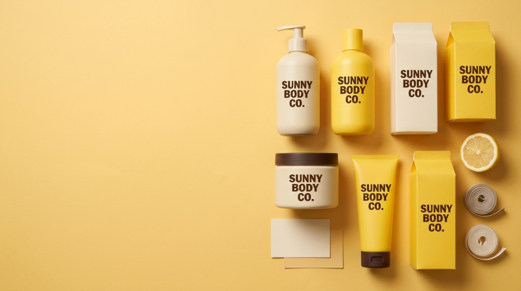 Sunny Body Co. pump bottle, jar, tube and carton boxes in yellow and cream with brown accents, lemon slice and ribbon
